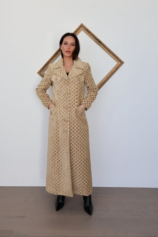 Zimmermann gold and grey quilted longline coat photographed on model for Luxury Kulture.