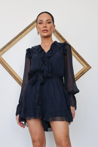 Zimmermann Folly Ruffle Playsuit in Navy Dot - 0