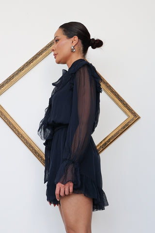 Zimmermann Folly Ruffle Playsuit in Navy Dot - 0